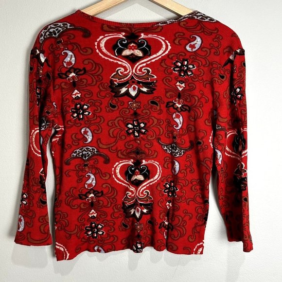 Pierre Cardin Womens Red Printed Y2K Paisley Print Sequin Blouse Size L Rib Knit - Picture 6 of 11